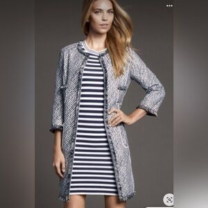 Worth Navy and Ivory Printed Tweed 3/4 Sleeve Coat Size M